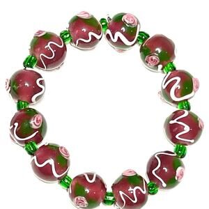 Bracelet Murano Venetian Art Glass Wedding Cake Bead Vtg Jewelry S24